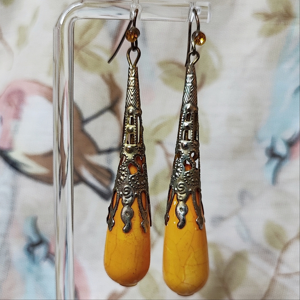Goldenrod Mustard Bohemian Moroccan Style Lacquered Wood Brass Bell Cap Earrings
